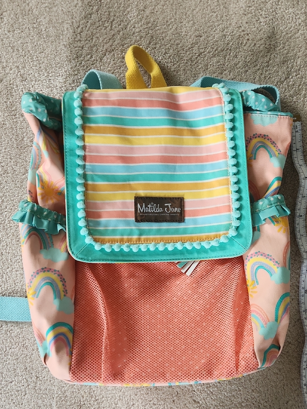 Matilda Jane Rainbow Stripe & Pom Trim Kids Backpack - Pink, Yellow & Teal